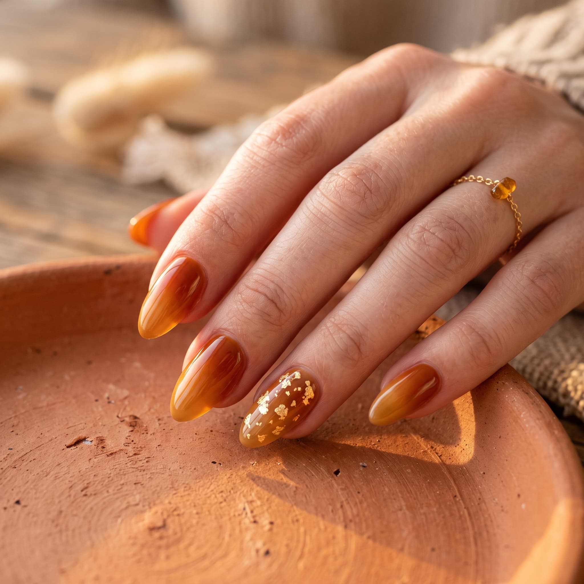 Manucure ambrée avec feuilles d'or