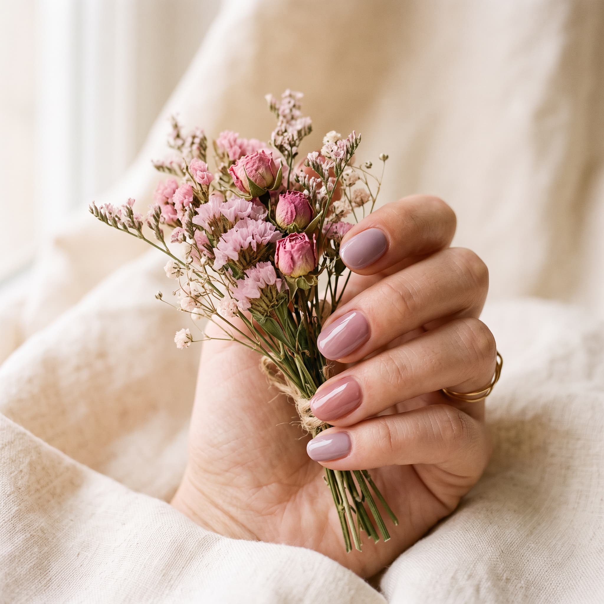 Manucure mauve tenant un bouquet de fleurs séchées