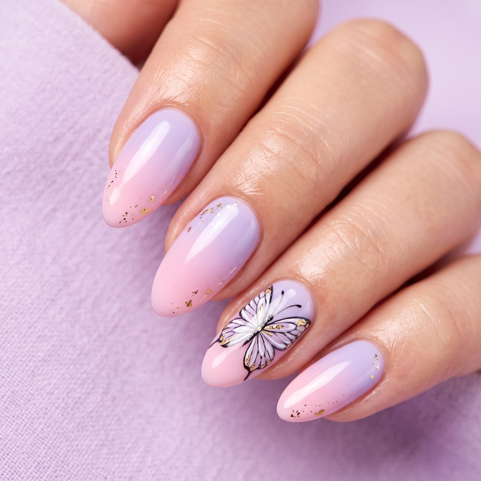 Nail art papillon sur dégradé lavande et rose