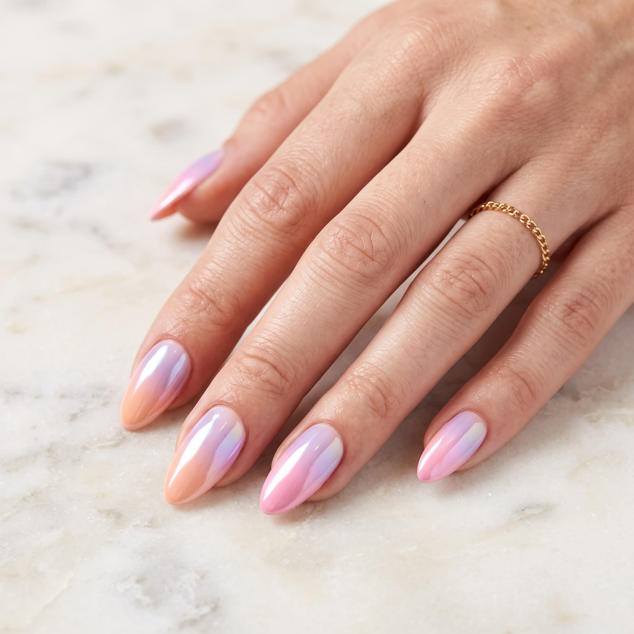 Manucure chrome dégradé pastel rose, lilas et pêche