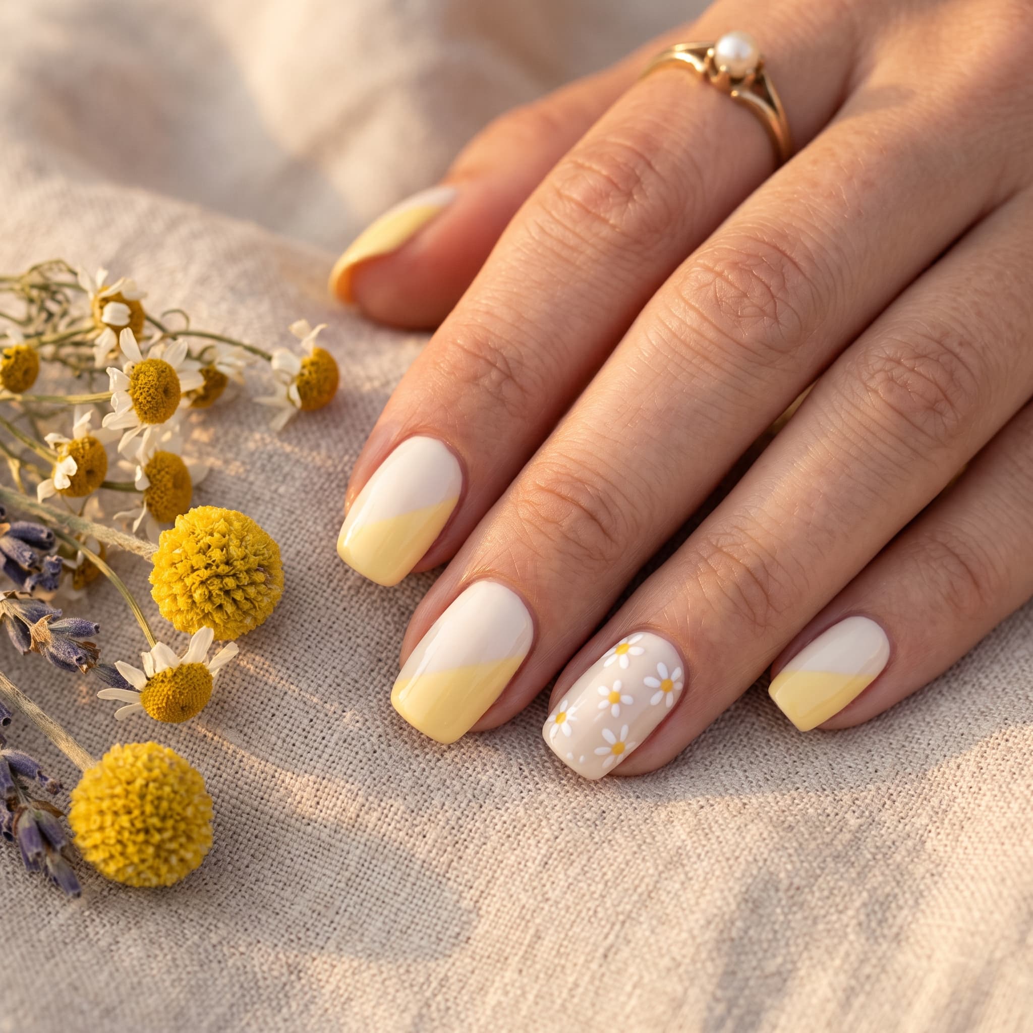 Manucure jaune et blanche à la marguerite