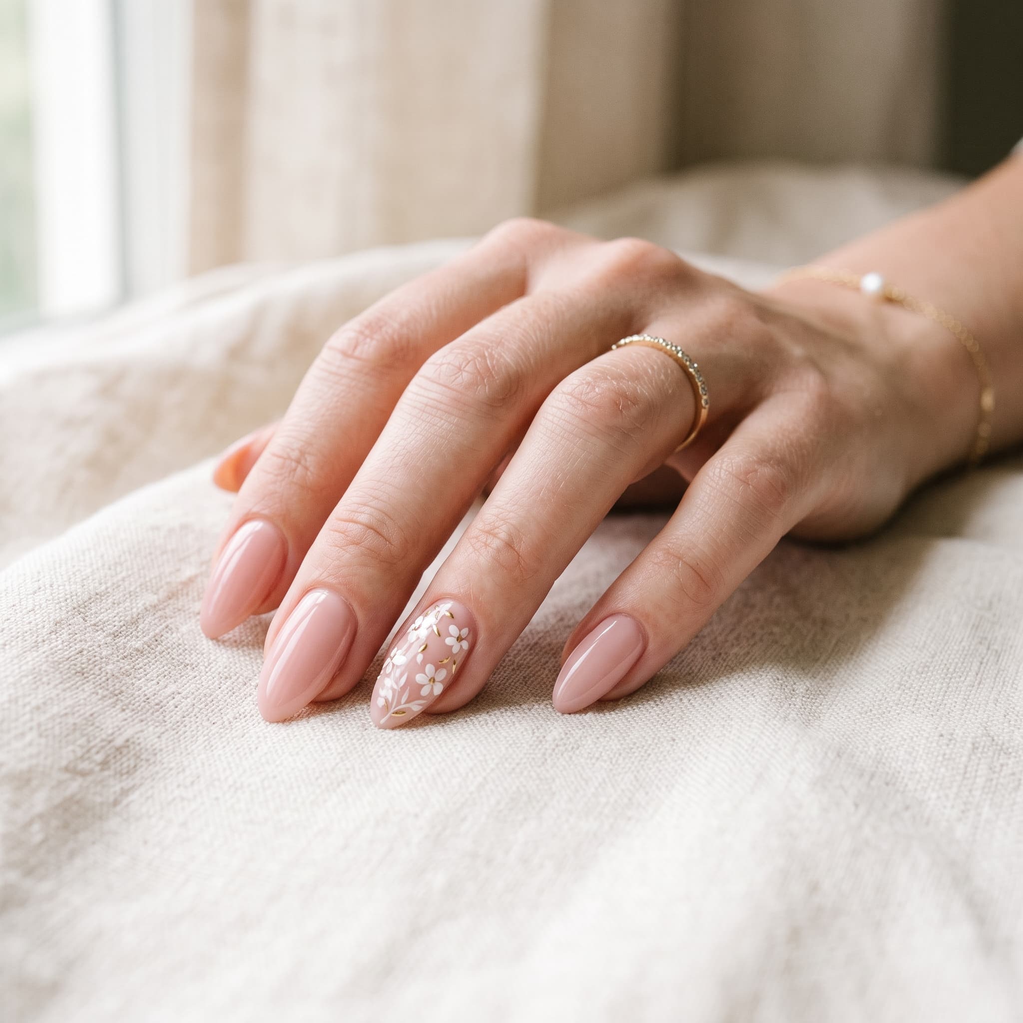Manucure nude fleurie avec détails dorés