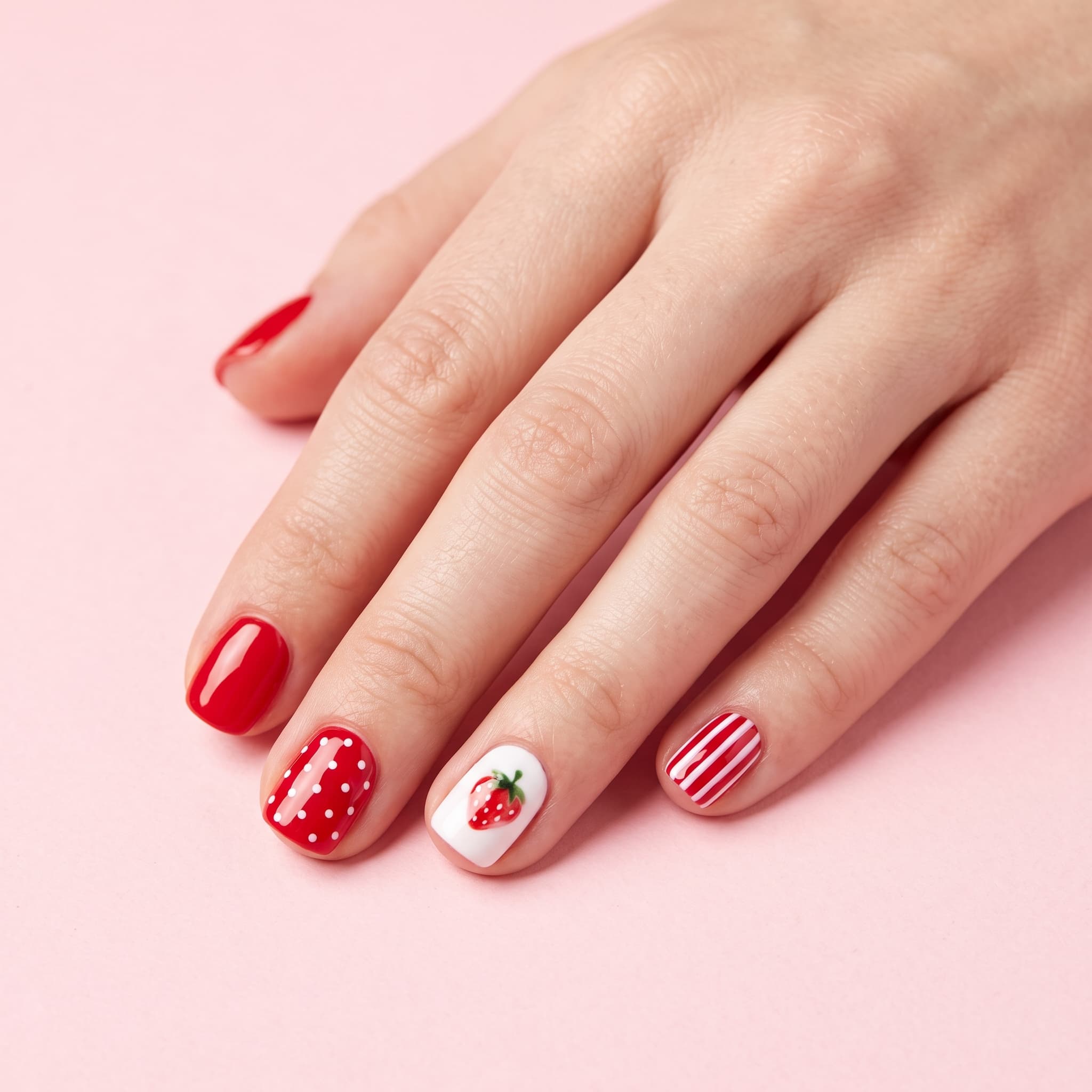 Nail art rouge et blanc à la fraise